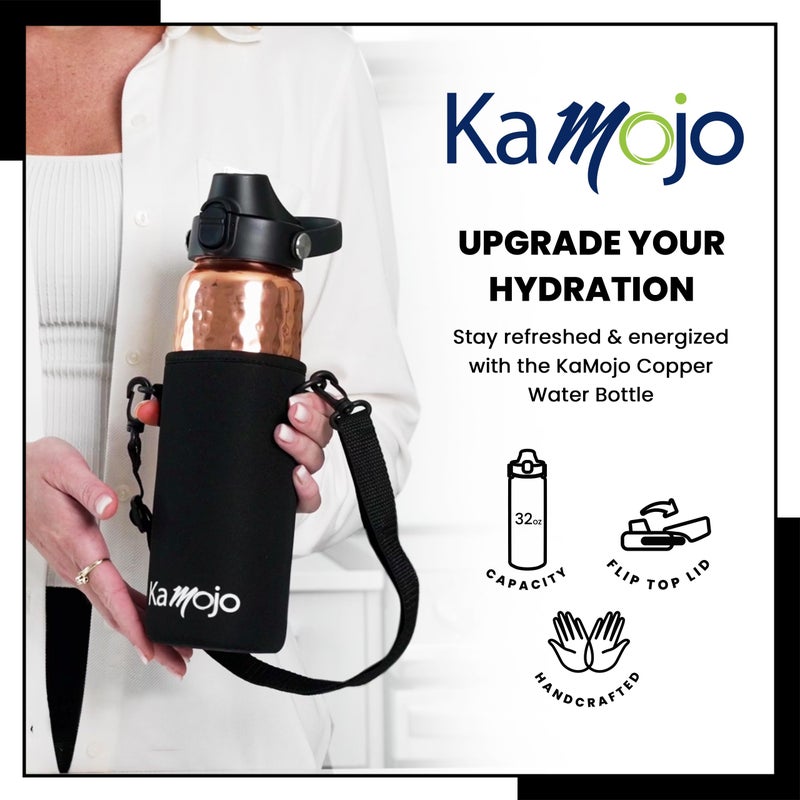 Kamojo Copper Water Bottle for Drinking - Hammered Pure Copper Water Bottle with Push Button Lid  Removable Insulating Sleeve & Copper Straw - Handcrafted Water Bottle Copper Cup 32 fl oz - Image 5